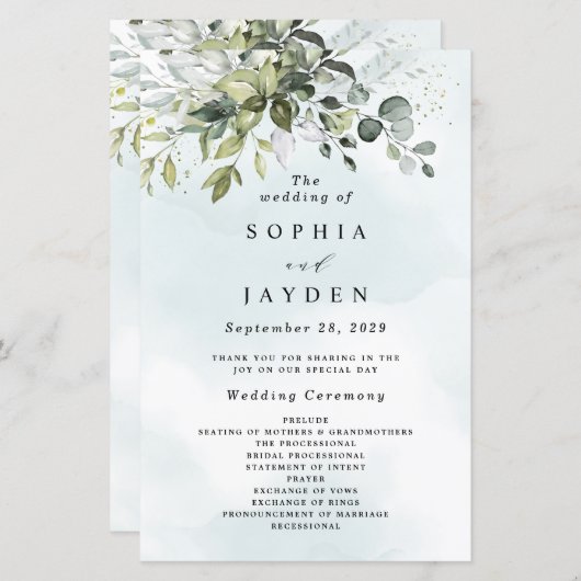 Dusty Blue Greenery Floral Rustic Wedding Programs (Voorkant / Achterkant)