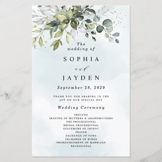 Dusty Blue Greenery Floral Rustic Wedding Programs (Voorkant)