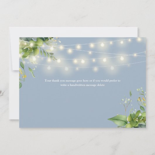 Dusty Blue Greenery Floral String Lights Bedankkaart (Achterkant)