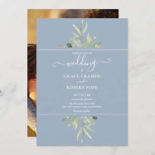 Dusty Blue Greenery Foto Gold Script Weddenschap Kaart