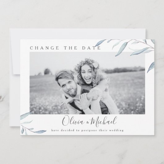 Dusty blue greenery foto verandert de datum kaart (Voorkant)