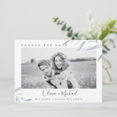 Dusty blue greenery foto verandert de datum kaart (Staand voorkant)