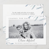 Dusty blue greenery foto verandert de datum kaart (Voorkant / Achterkant)