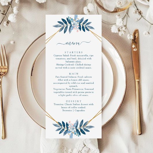 Dusty Blue Greenery Geometric Modern Wedding Menu