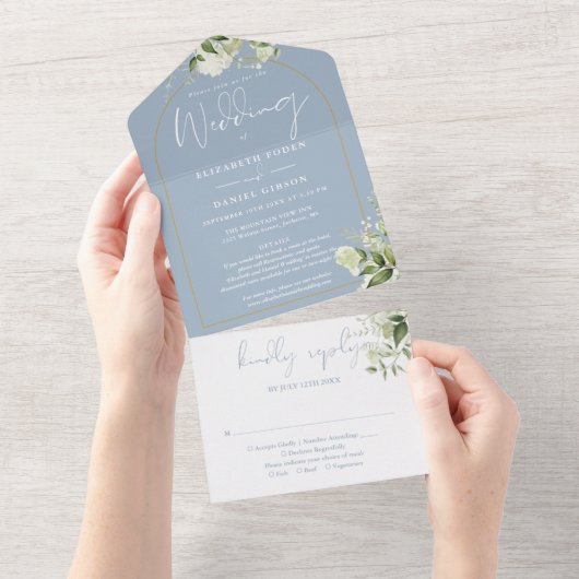 Dusty Blue Greenery Gold Arch Details RSVP bruilof All In One Uitnodiging (Afscheurbaar)