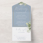 Dusty Blue Greenery Gold Arch Details RSVP bruilof All In One Uitnodiging (Binnen)
