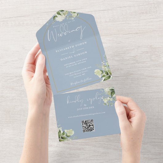 Dusty Blue Greenery Gold Arch QR Code Wedding All In One Uitnodiging (Afscheurbaar)