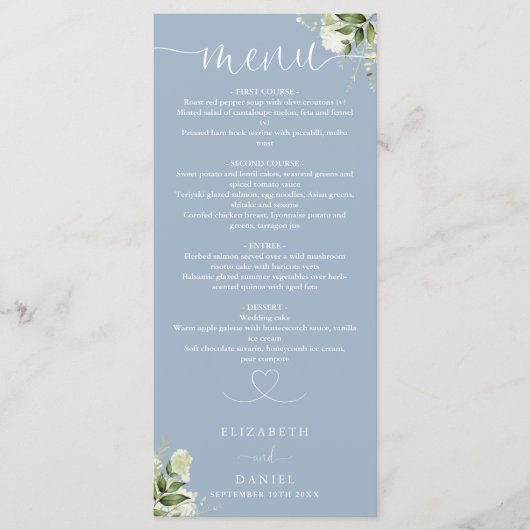 Dusty Blue Greenery Heart Script Trouwdiner Menu (Voorkant)