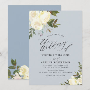 Dusty blue greenery iory floral bruiloft kaart