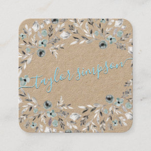 Dusty Blue Greenery Kraft Paper Neon Swash Script Vierkante Visitekaartje