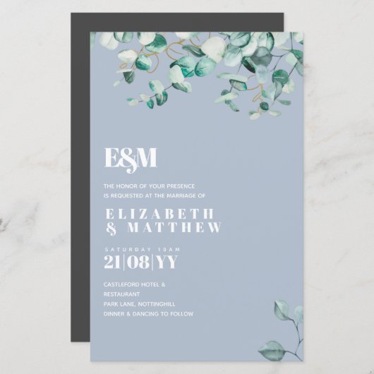 Dusty Blue Greenery Leafy Budget Wedding Invite (Voorkant / Achterkant)