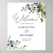 Dusty Blue Greenery Leaves Wedding Welcome Sign Poster (Voorkant)