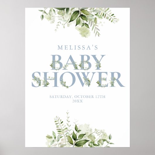 Dusty Blue Greenery Letter Baby shower Sign Poster (Voorkant)