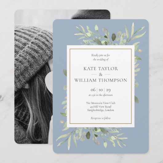 Dusty Blue Greenery Metallic Silver Photo Wedding Kaart (Voorkant / Achterkant)