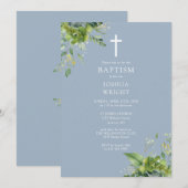 Dusty Blue Greenery Monogram Doop Doopsel Kaart (Voorkant / Achterkant)