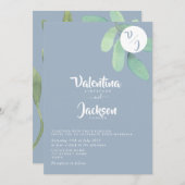 Dusty Blue Greenery Monogram Wedding Kaart (Voorkant / Achterkant)