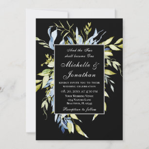 Dusty Blue Greenery op Black Christelijk Wedding Kaart
