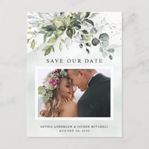Dusty Blue Greenery Photo Wedding Save the Date Briefkaart