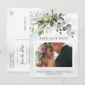 Dusty Blue Greenery Photo Wedding Save the Date Briefkaart (Voorkant / Achterkant)