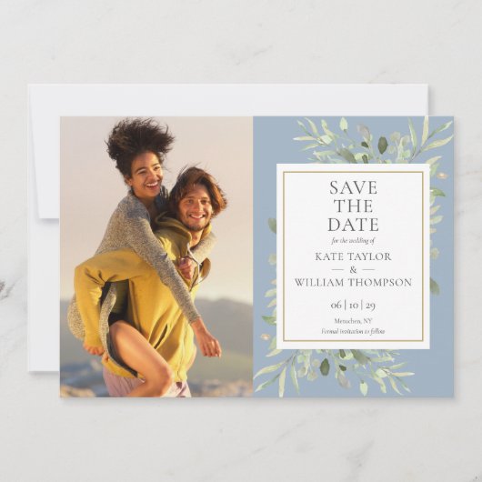 Dusty Blue Greenery Photos Wedding Save The Date (Voorkant)