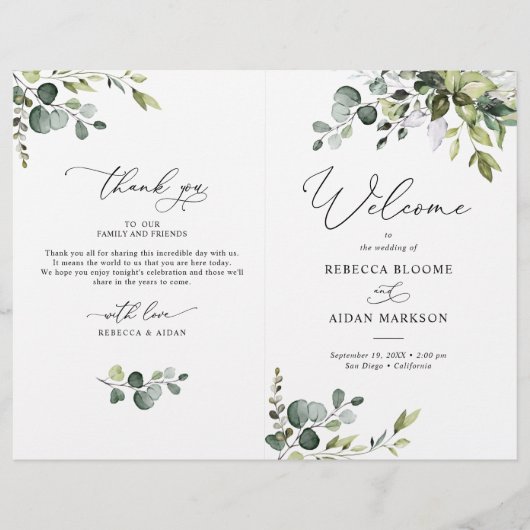 Dusty Blue Greenery Programme de mariage Bi-Fold (Devant)