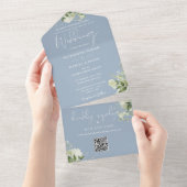 Dusty Blue Greenery QR Code Formal Wedding All In One Uitnodiging (Afscheurbaar)