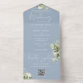Dusty Blue Greenery QR Code Formal Wedding All In One Uitnodiging (Binnen)