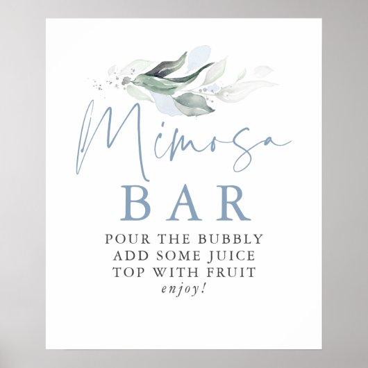 Dusty Blue Greenery Silver Leaves Mimosa Bar Sign Poster (Voorkant)