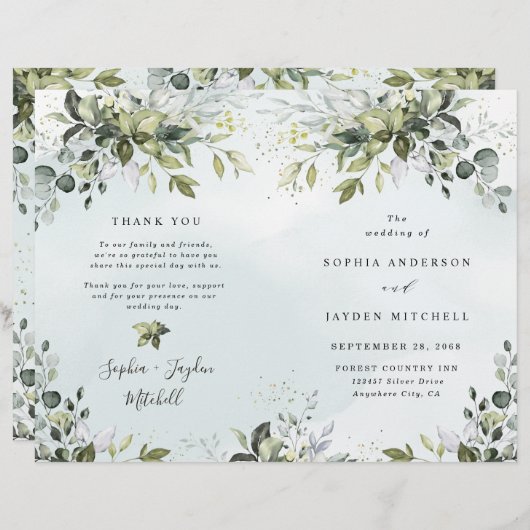Dusty Blue Greenery Thémded Wedding Programs (Voorkant / Achterkant)