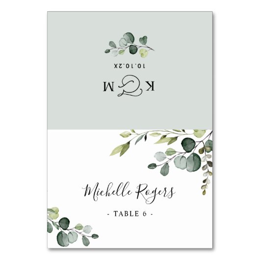 Dusty Blue Greenery Wedding Folded Place Kards Kaart (Voorkant)