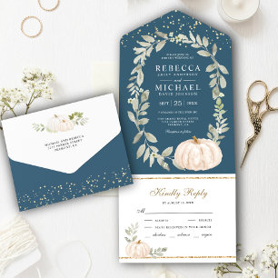 Dusty Blue Greenery White Pumpkin Fall Wedding All In One Uitnodiging