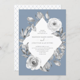 Dusty Blue Grey Floral Diamond Wedding Kaart