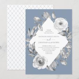 Dusty Blue Grey Floral Diamond Wedding Kaart