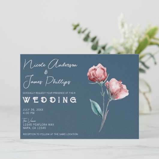 Dusty Blue Grey Modern Waterverf Bloemenbruiloft Kaart (Staand voorkant)