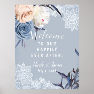 Dusty Blue Grey & Peach Floral Wedding Sign Poster