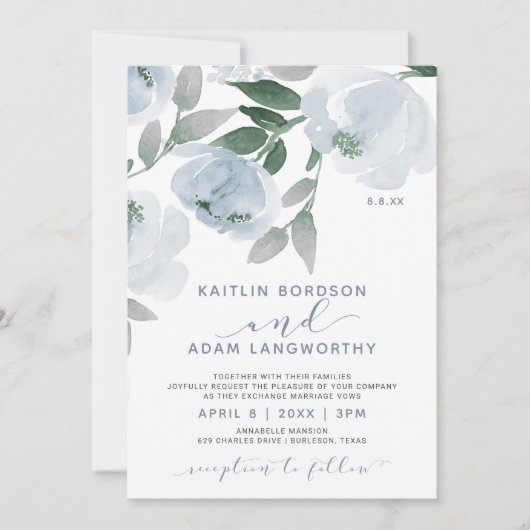 Dusty Blue Grey Waterverf Floral Wedding Kaart (Voorkant)