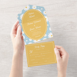 Dusty Blue Groovy Daisy 70's Bright Yellow Wedding All In One Uitnodiging