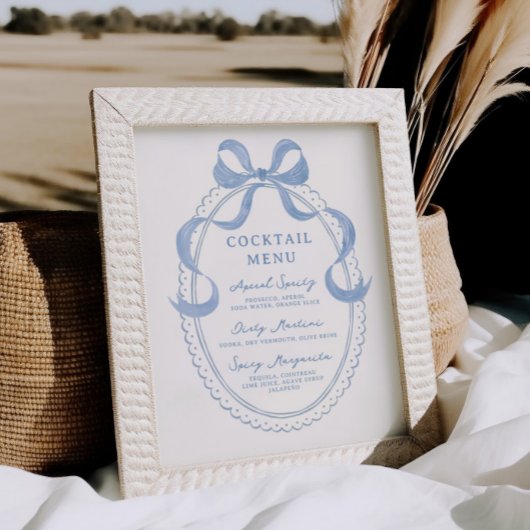 Dusty Blue Hand Drawn Bow Lijst Cocktail Menu Poster