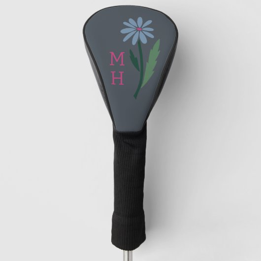 Dusty Blue Hand Drawn Daisy Monogram Dark Gray Golfheadcover (Voorkant)