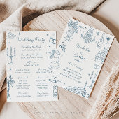 Dusty Blue Hand Drawn Whimsical Wedding Program Kaart