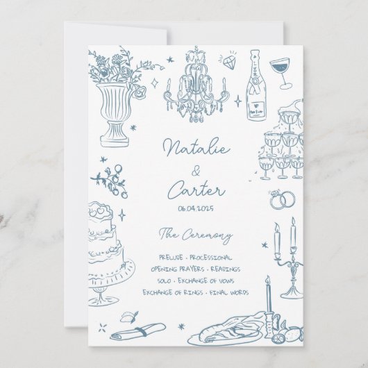Dusty Blue Hand Drawn Whimsical Wedding Programme (Devant)