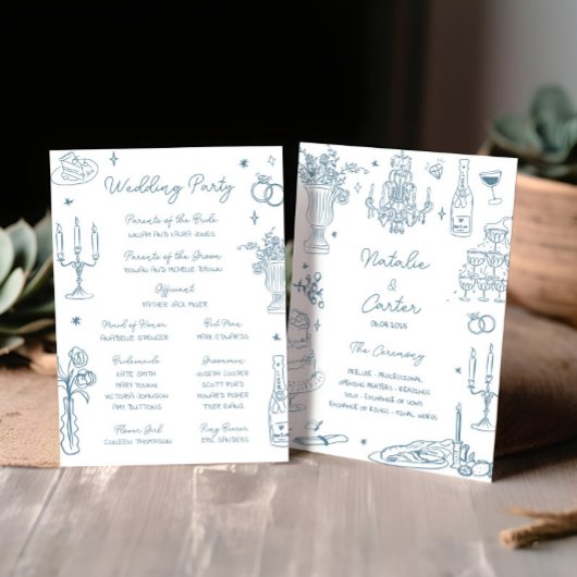 Dusty Blue Hand Drawn Whimsical Wedding Programme