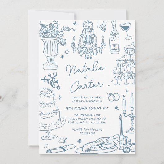 Dusty Blue Hand getekend grillige bruiloft Kaart (Voorkant)