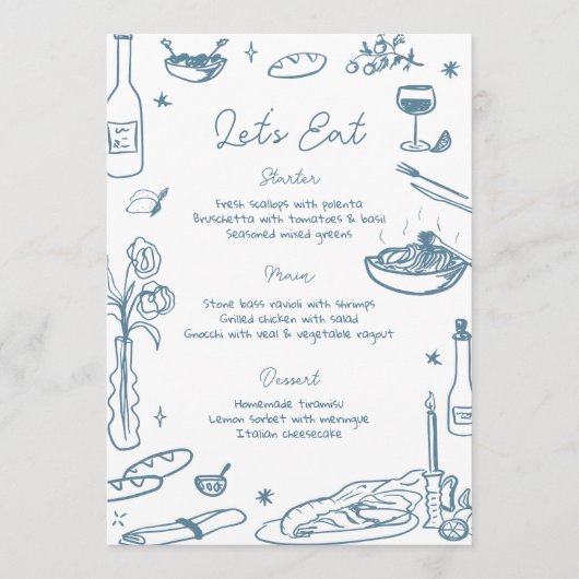 Dusty Blue Hand getekend grillige bruiloft Menu (Voorkant)