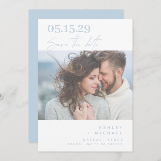 Dusty Blue Hand Lettered Typografie Save The Date (Voorkant / Achterkant)