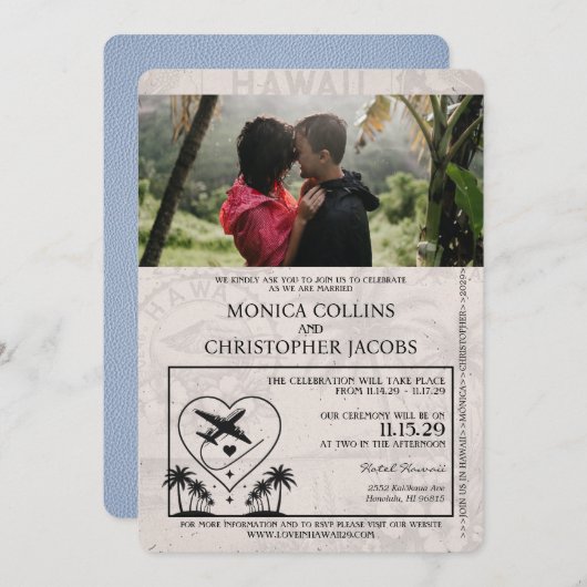 Dusty Blue Hawaii Passport Faire-part de mariage (Devant / Derrière)
