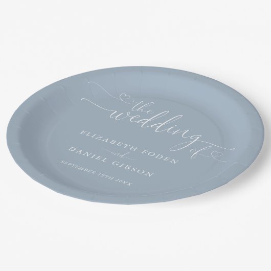 Dusty Blue Heart Script bruiloft Papieren Bordje (Gekanteld)