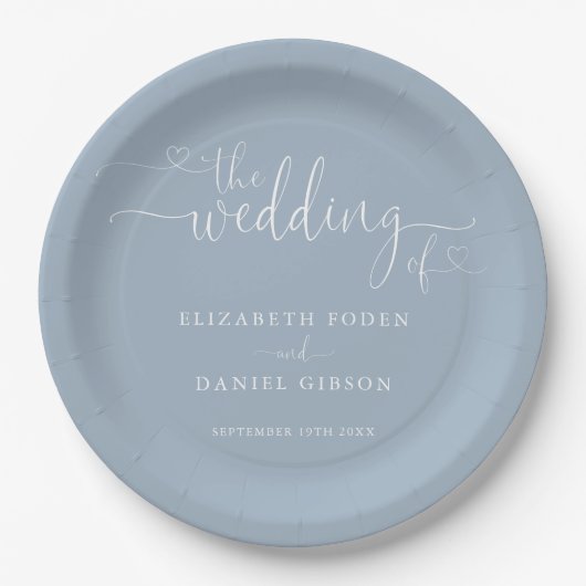 Dusty Blue Heart Script bruiloft Papieren Bordje (Voorkant)