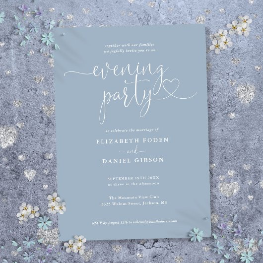 Dusty Blue Heart Script Wedding Evening Party Kaart