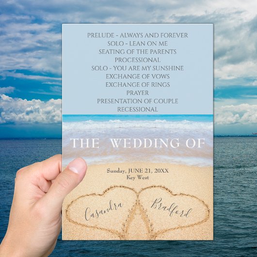 Dusty Blue Hearts in Sand Beach Wedding Programme